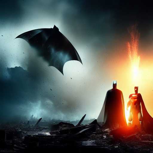 Batman and Superman standing side by side in front of a massive explosion, surrounded by the wreckage of the alien invasion.